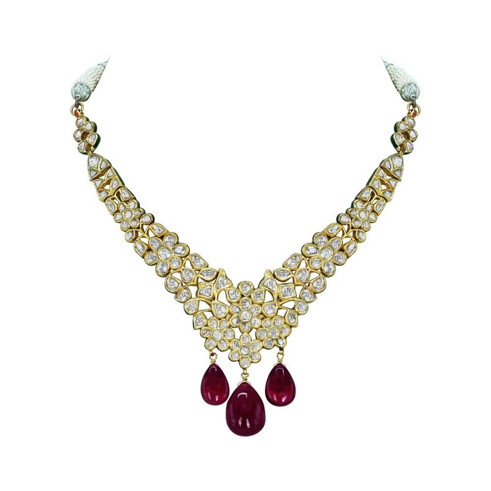 Polki Necklace with Cascading Rubylite Drops